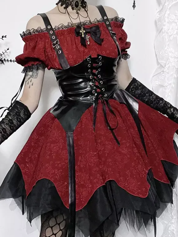 Robes Gothiques Lolita À Lacets Volants Jacquard Color Block Rouge Rouge