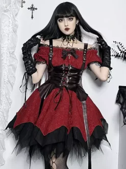 Robes Gothiques Lolita À Lacets Volants Jacquard Color Block Rouge Rouge