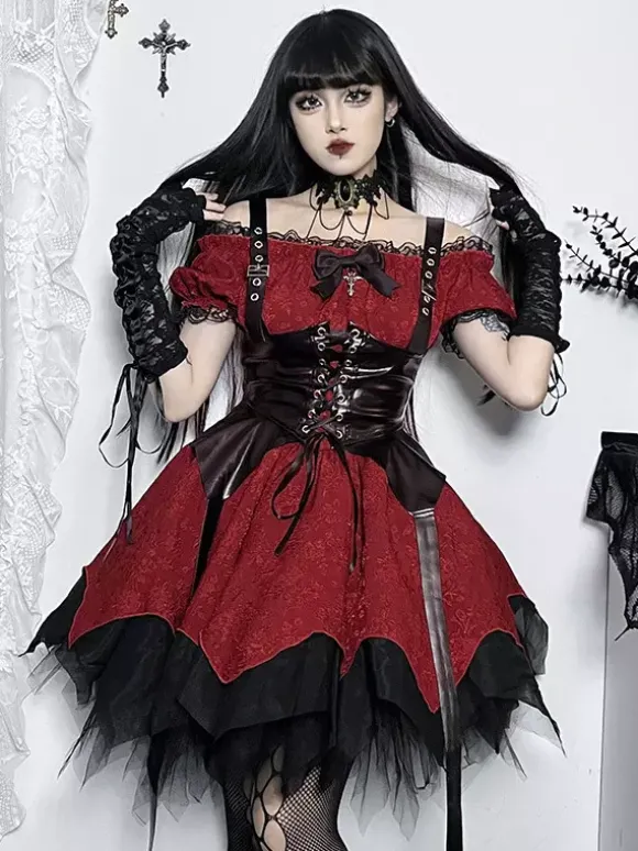 Robes Gothiques Lolita À Lacets Volants Jacquard Color Block Rouge Rouge