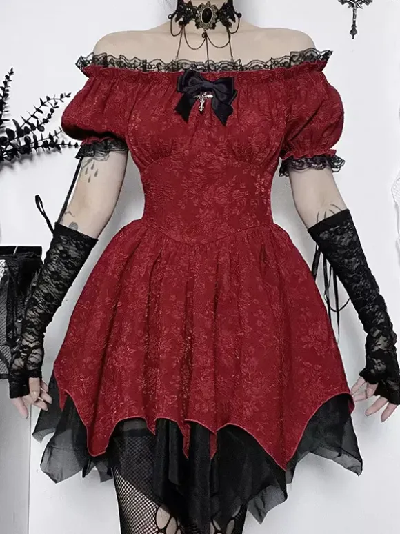 Robes Gothiques Lolita À Lacets Volants Jacquard Color Block Rouge Rouge