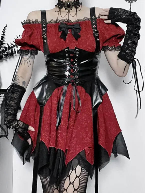 Robes Gothiques Lolita À Lacets Volants Jacquard Color Block Rouge Rouge
