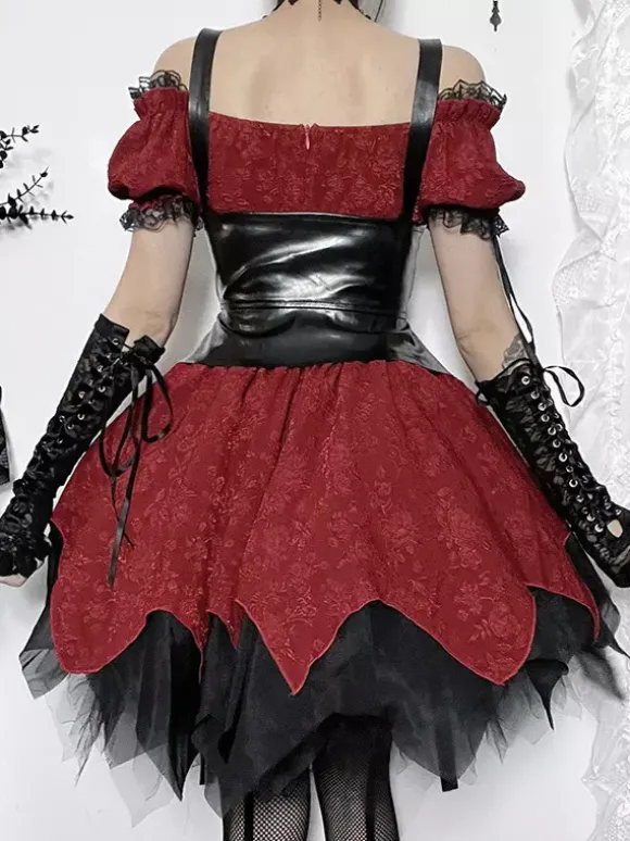 Robes Gothiques Lolita À Lacets Volants Jacquard Color Block Rouge Rouge