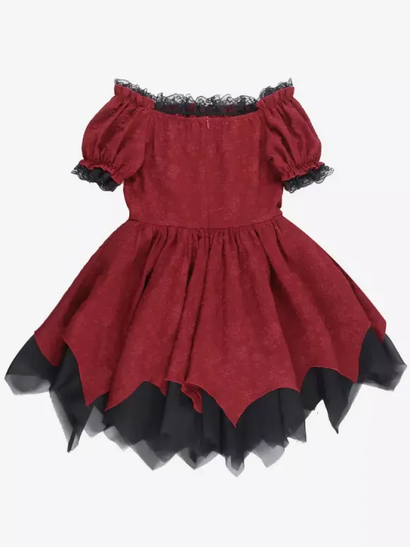 Robes Gothiques Lolita À Lacets Volants Jacquard Color Block Rouge Rouge
