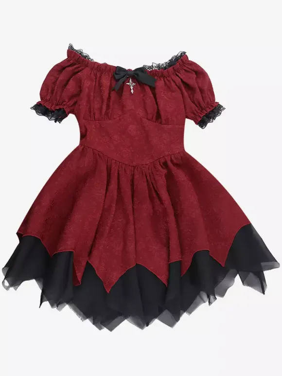 Robes Gothiques Lolita À Lacets Volants Jacquard Color Block Rouge Rouge