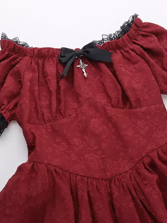 Robes Gothiques Lolita À Lacets Volants Jacquard Color Block Rouge Rouge