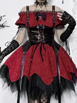 Robes Gothiques Lolita À Lacets Volants Jacquard Color Block Rouge Rouge