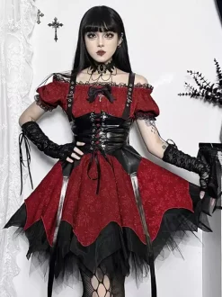 Robes Gothiques Lolita À Lacets Volants Jacquard Color Block Rouge Rouge