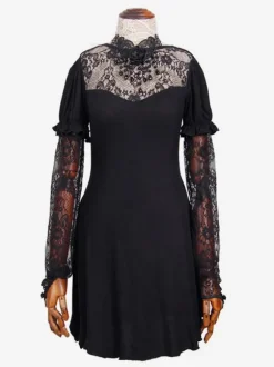 Robes gothiques Lolita Punk à lacets en dentelle manches courtes robes noires