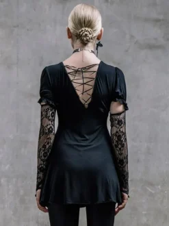 Robes gothiques Lolita Punk à lacets en dentelle manches courtes robes noires