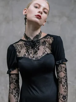 Robes gothiques Lolita Punk à lacets en dentelle manches courtes robes noires