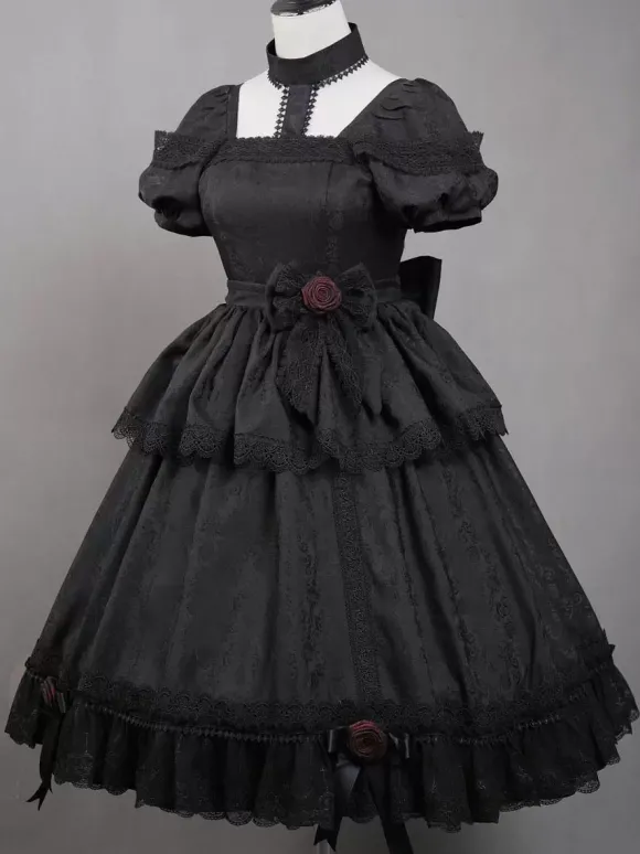Robes Gothiques Lolita Volants Rose Noir