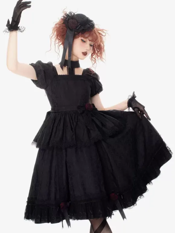 Robes Gothiques Lolita Volants Rose Noir