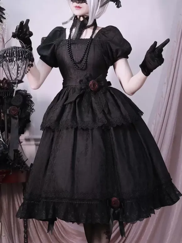 Robes Gothiques Lolita Volants Rose Noir