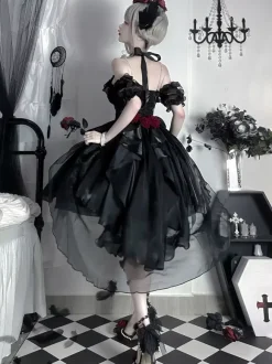 Robes Gothiques Lolita À Volants N艙uds Noirs Robe De Princesse Lolita JSK