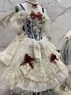 Robes gothiques Lolita à volants en dentelle et blocs de couleurs écru et blanc écru et blanc