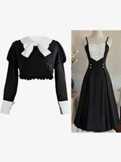 Robes Gothiques Lolita Volants Plissé Noir Manches Longues