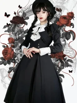 Robes Gothiques Lolita Volants Plissé Noir Manches Longues