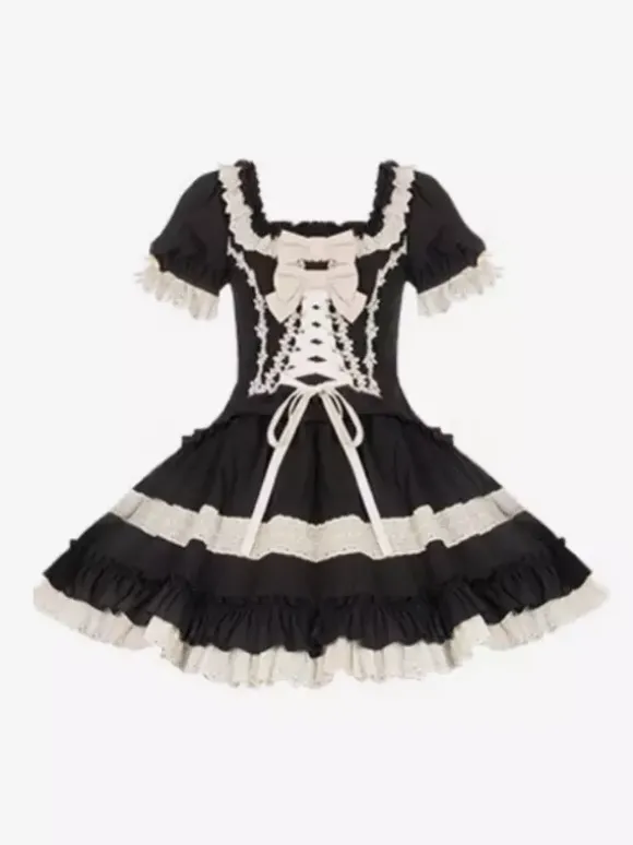 Robes Lolita classiques gothiques douces à lacets et volants à blocs de couleurs noires