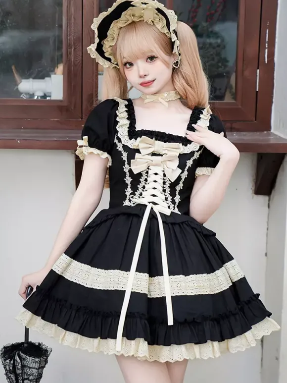 Robes Lolita classiques gothiques douces à lacets et volants à blocs de couleurs noires