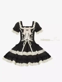 Robes Lolita classiques gothiques douces à lacets et volants à blocs de couleurs noires