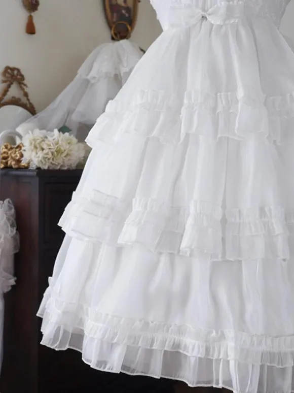 Robes Lolita Style Tea Party Jupe Lolita Dentelle Sans Manches Blanc Mignnone