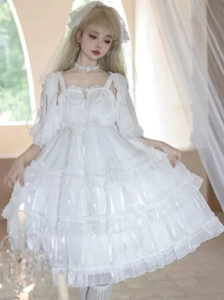 Robes Lolita Style Tea Party Jupe Lolita Dentelle Sans Manches Blanc Mignnone