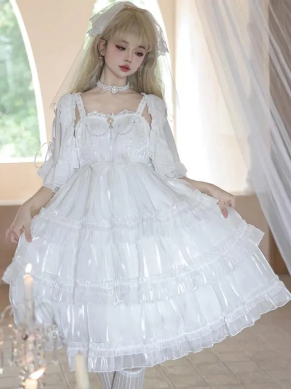 Robes Lolita Style Tea Party Jupe Lolita Dentelle Sans Manches Blanc Mignnone