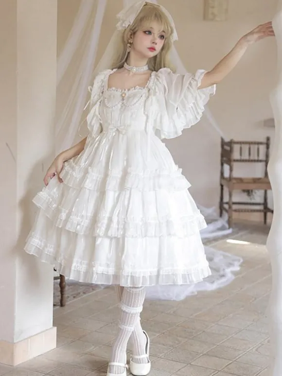Robes Lolita Style Tea Party Jupe Lolita Dentelle Sans Manches Blanc Mignnone