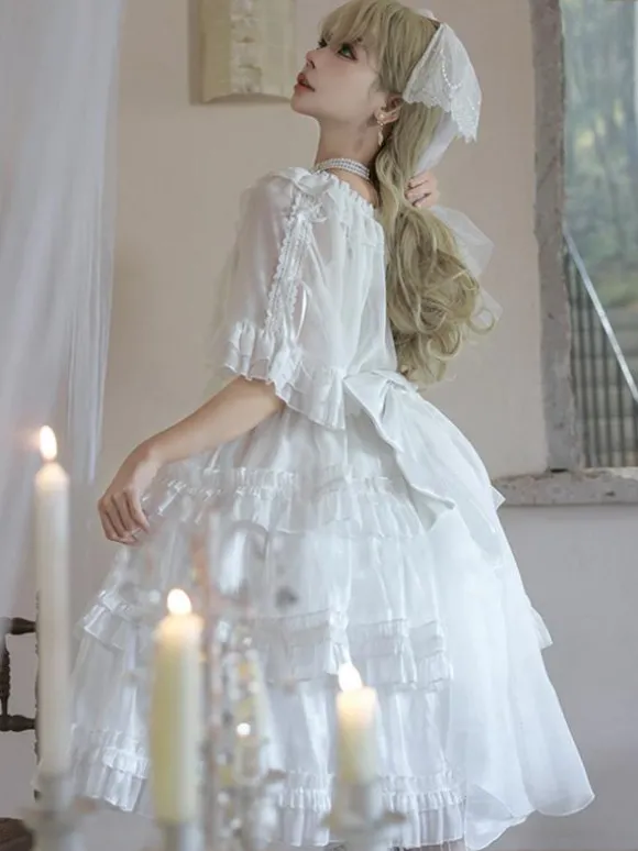 Robes Lolita Style Tea Party Jupe Lolita Dentelle Sans Manches Blanc Mignnone