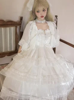 Robes Lolita Style Tea Party Jupe Lolita Dentelle Sans Manches Blanc Mignnone