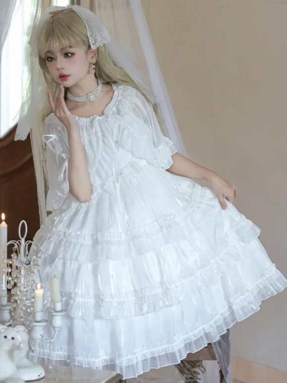 Robes Lolita Style Tea Party Jupe Lolita Dentelle Sans Manches Blanc Mignnone