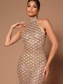 Robes longues à sequins sans manches dos ouvert robe de bal de club
