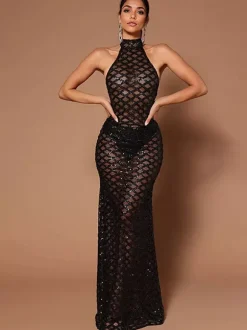 Robes longues à sequins sans manches dos ouvert robe de bal de club