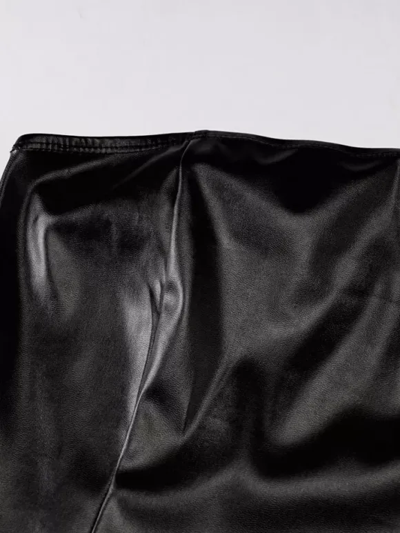 Robes Moulantes Courtes en Cuir Synthétique sans Bretelles avec Epaulés Dénudées à Col Décolleté Coupe Cintrée Unicolore Robes Sexy