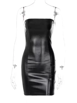 Robes Moulantes Courtes en Cuir Synthétique sans Bretelles avec Epaulés Dénudées à Col Décolleté Coupe Cintrée Unicolore Robes Sexy