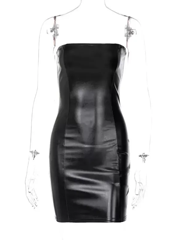 Robes Moulantes Courtes en Cuir Synthétique sans Bretelles avec Epaulés Dénudées à Col Décolleté Coupe Cintrée Unicolore Robes Sexy