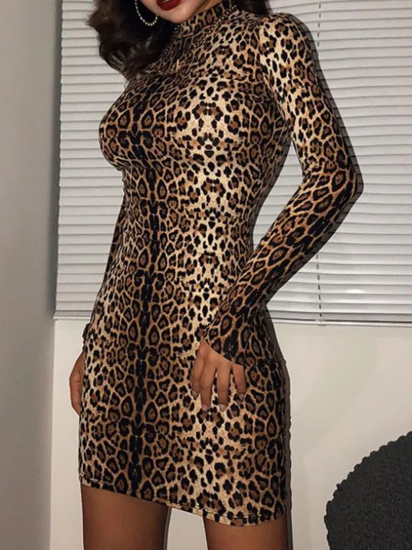 Robes Moulantes Courtes Imprimés Léopards à Col Montant avec Manches Longues Coupe Cintrée Bicolores Sexy