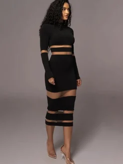 Robes Moulantes Noires Transparentes Col Haut Extensible Chic Manches Longues