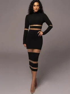 Robes Moulantes Noires Transparentes Col Haut Extensible Chic Manches Longues