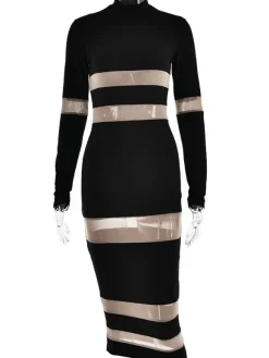 Robes Moulantes Noires Transparentes Col Haut Extensible Chic Manches Longues