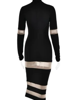 Robes Moulantes Noires Transparentes Col Haut Extensible Chic Manches Longues