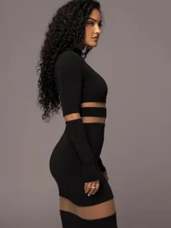 Robes Moulantes Noires Transparentes Col Haut Extensible Chic Manches Longues
