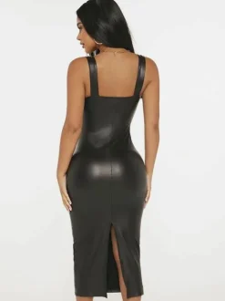Robes Moulantes Robe Fourreau Noire Sans Manches Fendue Robe Mi-longue Sexy À Encolure Carrée