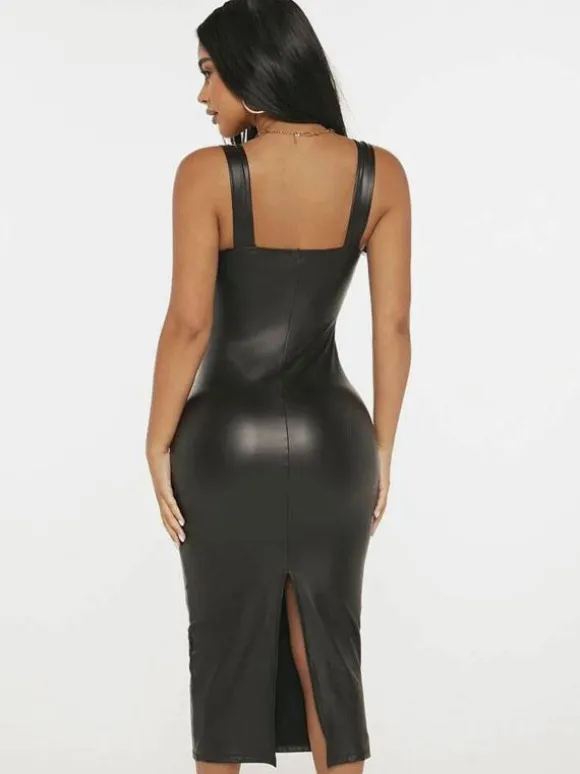 Robes Moulantes Robe Fourreau Noire Sans Manches Fendue Robe Mi-longue Sexy À Encolure Carrée