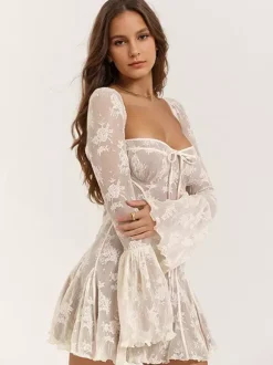 Robes Patineuse Col De C艙ur Manches Longues Robes Mini