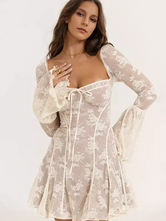 Robes Patineuse Col De C艙ur Manches Longues Robes Mini