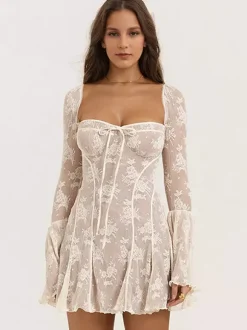 Robes Patineuse Col De C艙ur Manches Longues Robes Mini
