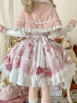 Robes Sweet Lolita robe JSK à imprimé dessin animé et cape rose ensemble deux pièces ensemble jupe pull princesse Kawaii