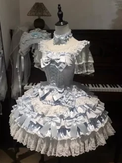 Robe Sweet Ballet Hime Lolita à volants robe Lolita bleue Cake avec traîne