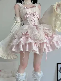 Robe Sweet Ballet Lolita rose à manches amovibles et lacets avec ras-de-cou